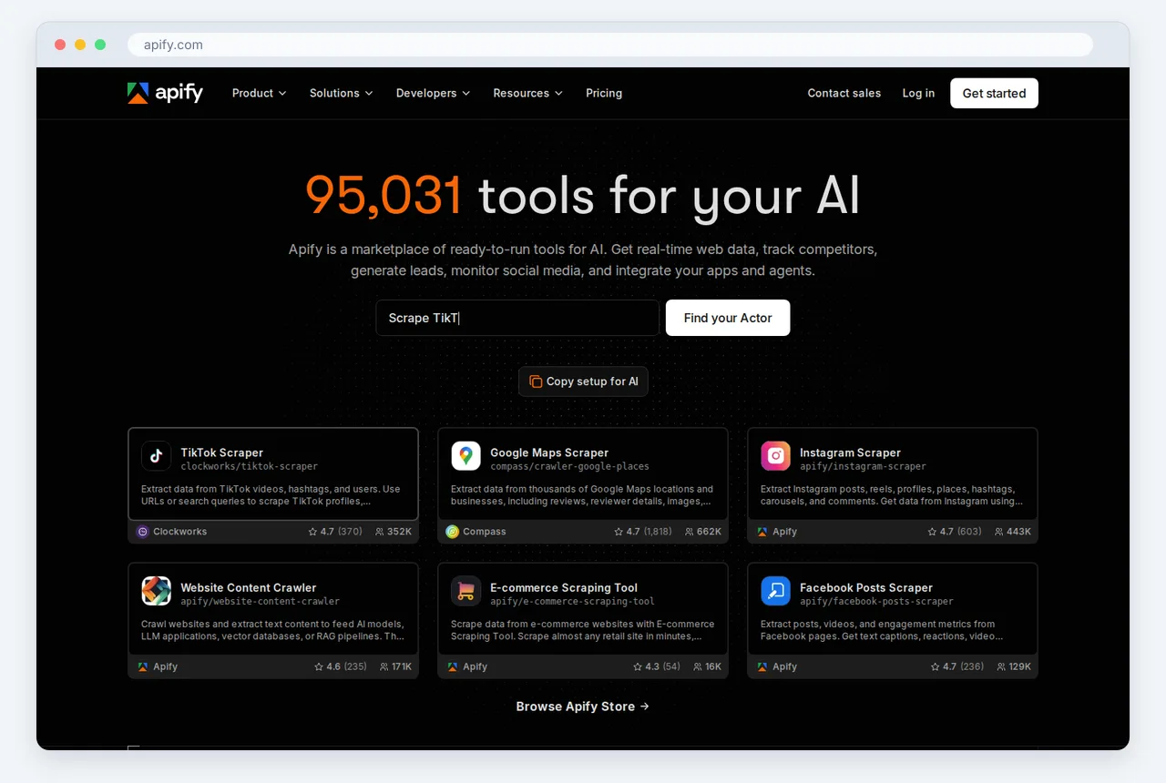 Screenshot of the Apify homepage captured in October 2026, shown with Compare the best MCP servers for web scraping