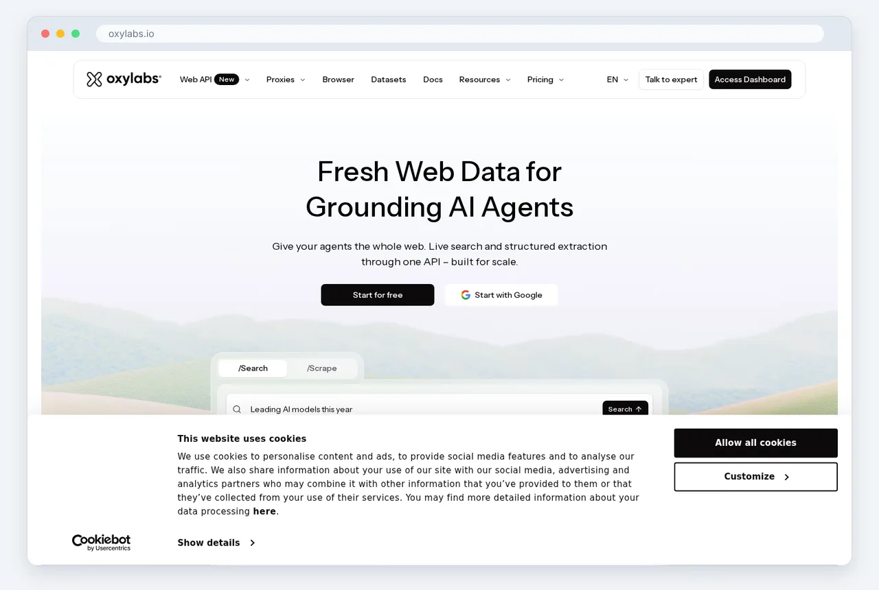 Screenshot of the Oxylabs homepage captured in October 2026, shown with Managed cloud servers solve the local resource bottleneck