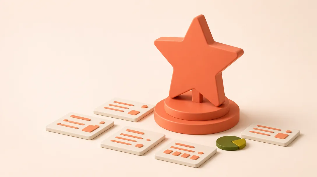 A large orange star trophy surrounded by white tiles with abstract data markings on a pale ground.