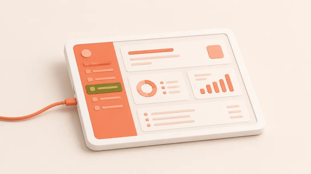 A white tablet with an orange sidebar and one green button, with a cable plugged into the side.