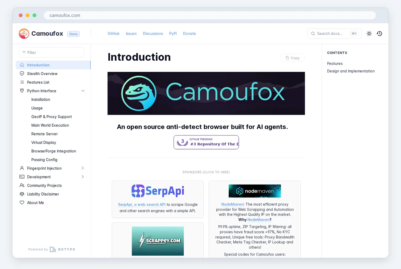 Screenshot of the Camoufox homepage captured in October 2026, shown with Camoufox provides the ultimate shield against browser