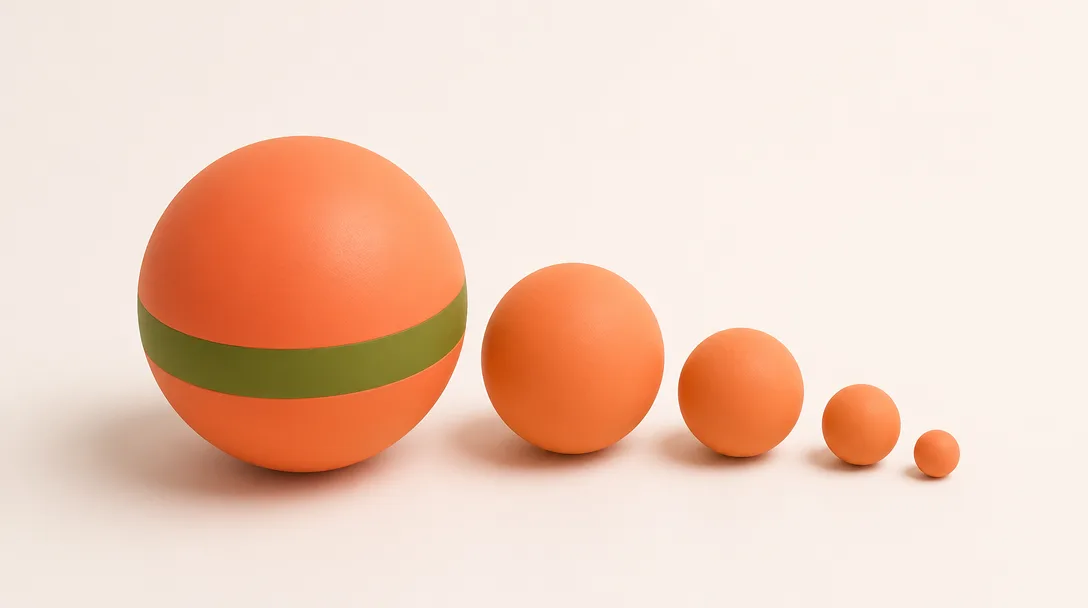 Five orange spheres of different sizes in a line, with the largest featuring a green band.