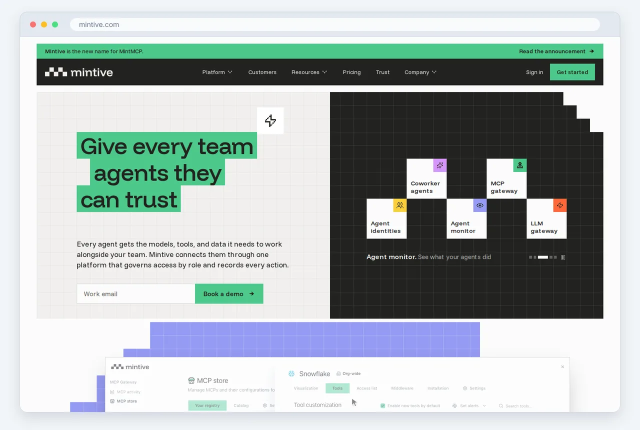 Screenshot of the Mintive Gateway homepage captured in October 2026, shown with Enterprise gateways solve the security-at-scale problem