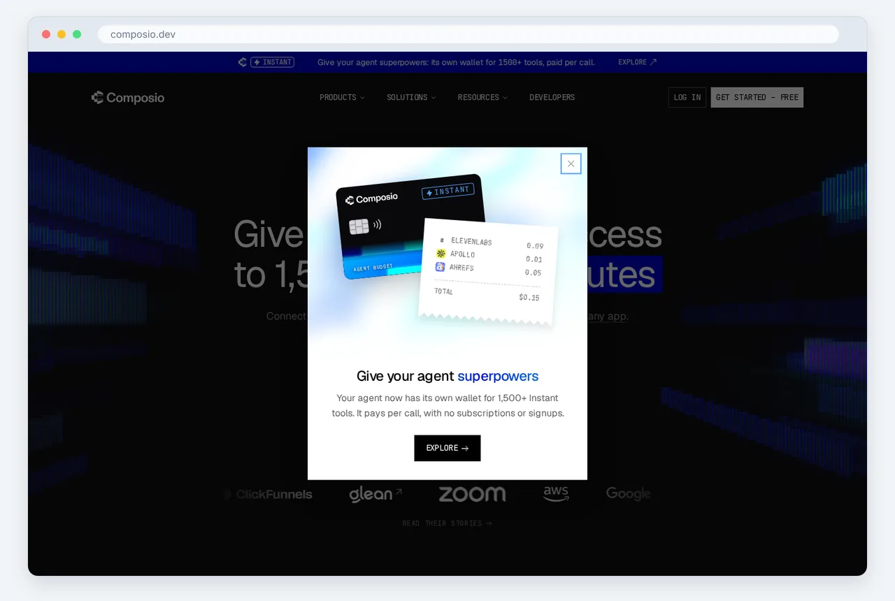 Screenshot of the Composio homepage captured in October 2026, shown with Composio simplifies the 1,000-app workflow bottleneck