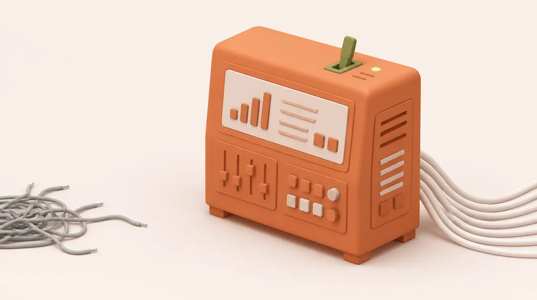 An orange console with a green switch and organized white cables replacing messy grey wires.