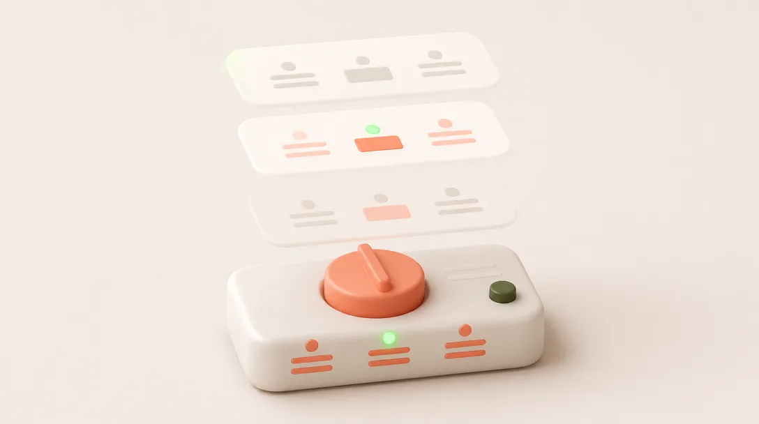 An orange dial on a white console below three floating layers of a button component.