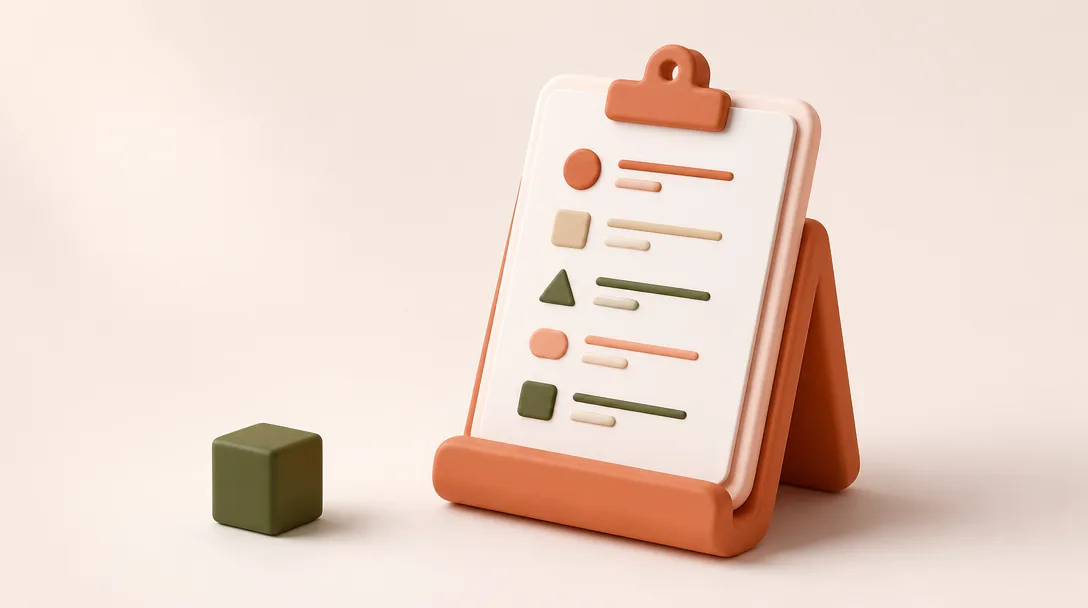 A white clipboard on an orange stand next to a small green cube.