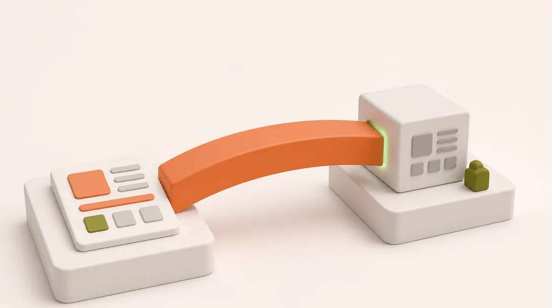 An orange bridge connecting a white design frame to a white software component box.