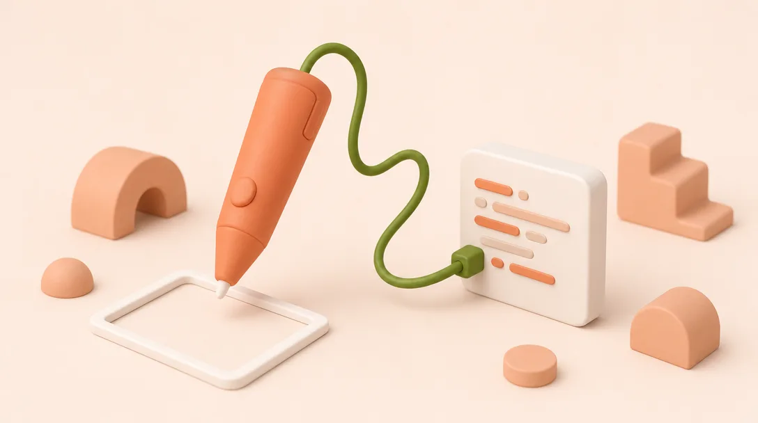 A 3D orange pen tool cursor is connected to a white code block by a green cable on a pale background.