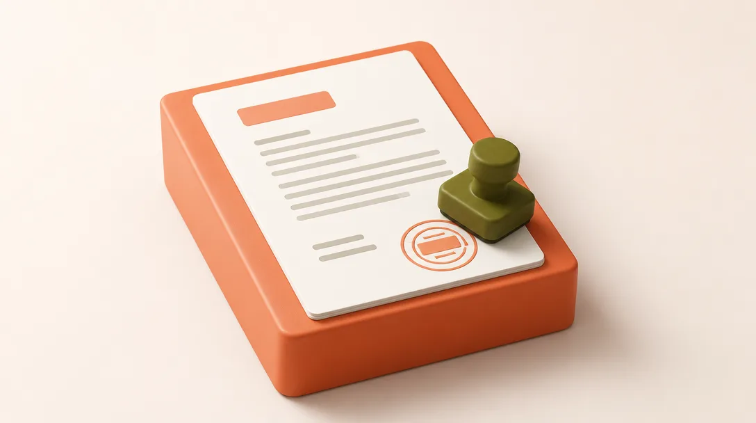 A document on a pedestal being stamped with a green seal to represent code signing.