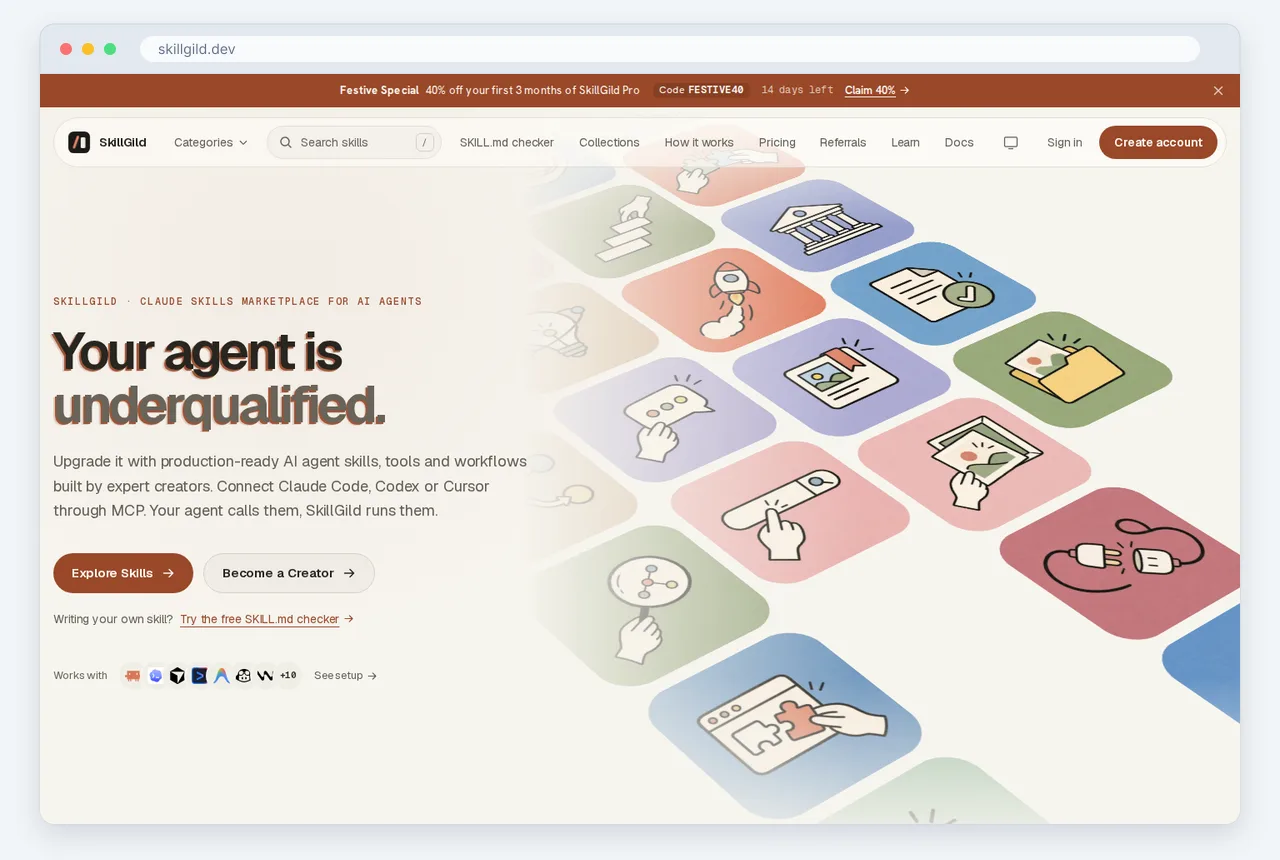 Screenshot of the Skillgild homepage captured in October 2026, shown with Claude designs logos through specialized MCP skills that bridge
