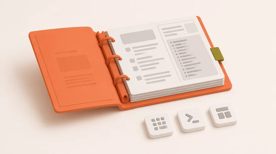 An open orange binder with a green tab next to three white tiles on a pale orange background.