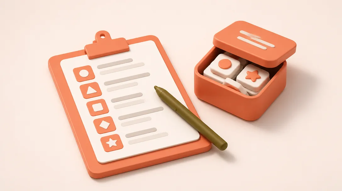 A clipboard with a checklist and a stylus next to a box of data tiles.