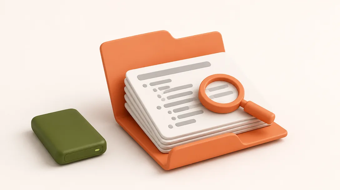 An open orange folder with a green drive and a magnifying glass over abstract code cards.