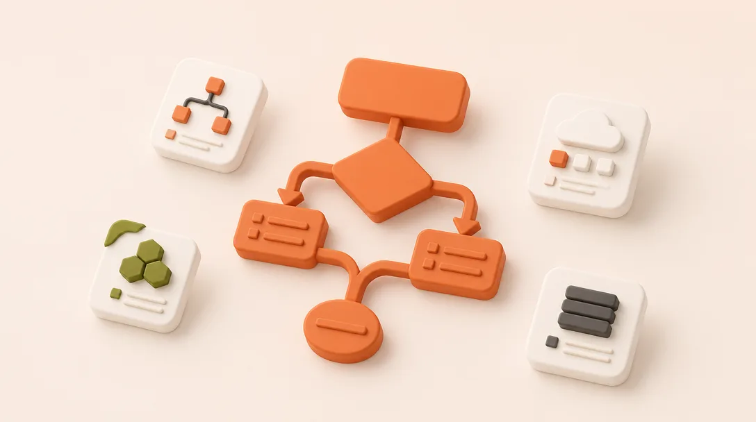 An orange central node surrounded by four white tiles representing different technology choices.