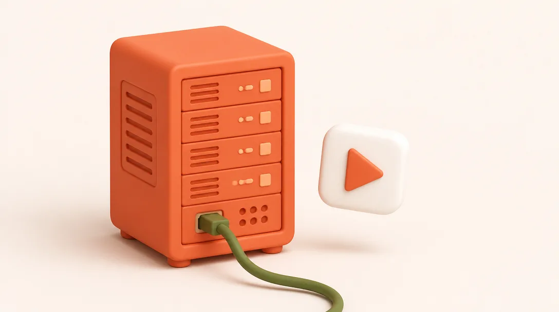 A matte orange server unit connected by a green cable to a floating white play button icon.
