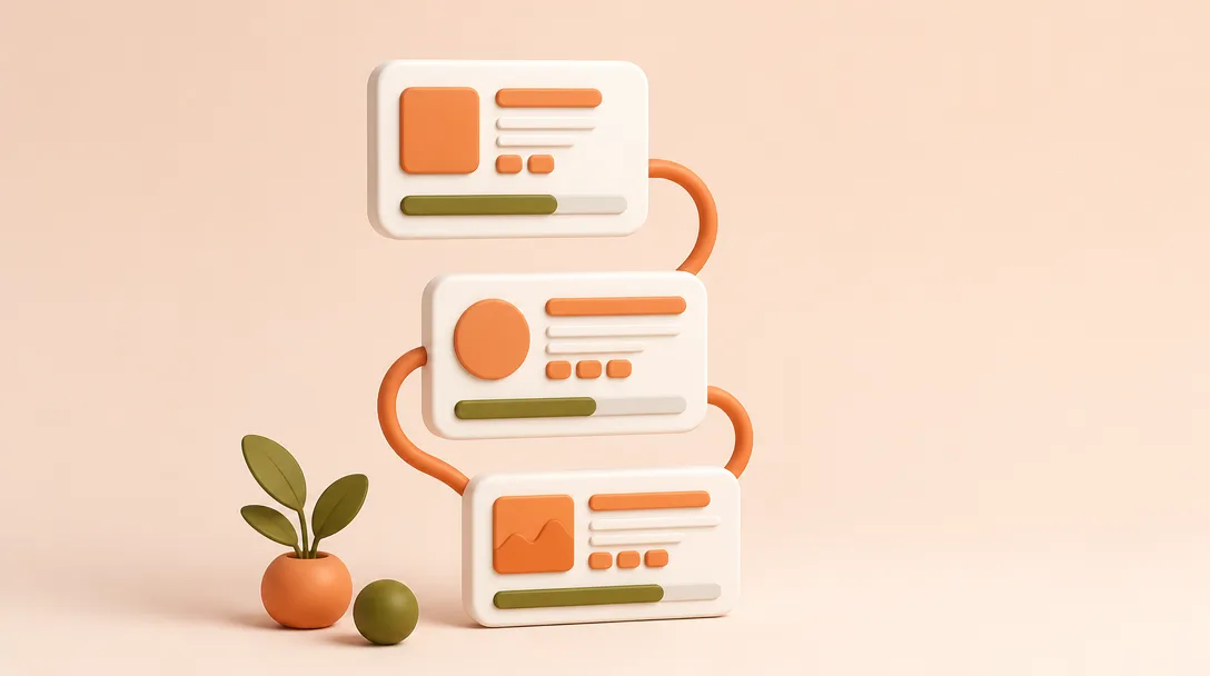 Three white UI cards with green progress bars connected by an orange cable in a 3D space.