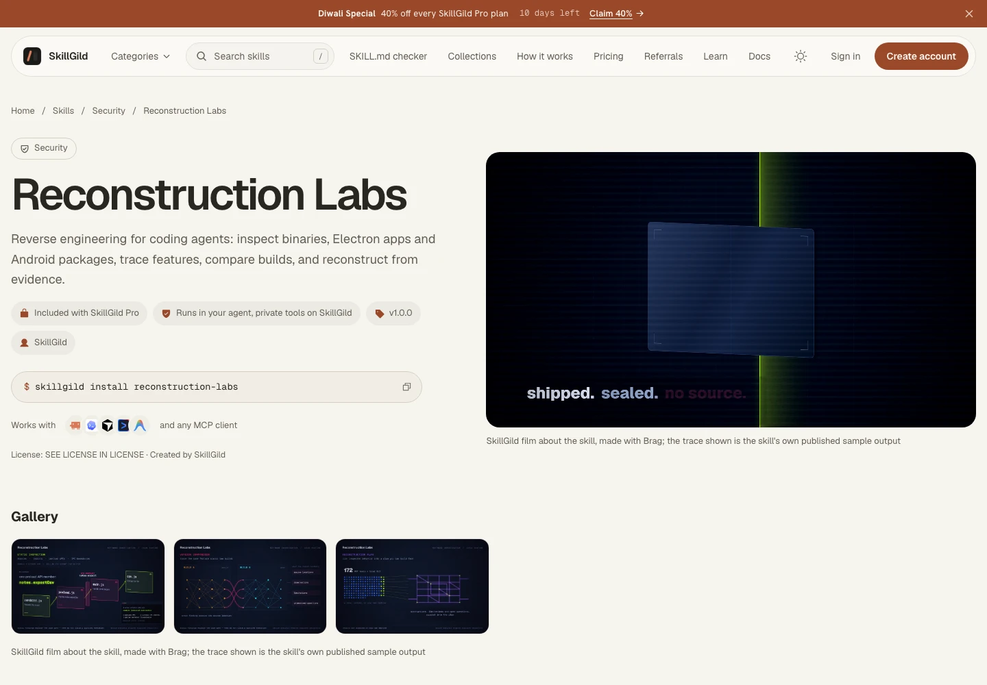 Reconstruction Labs on SkillGild, showing the reverse-engineering skill page in light mode.