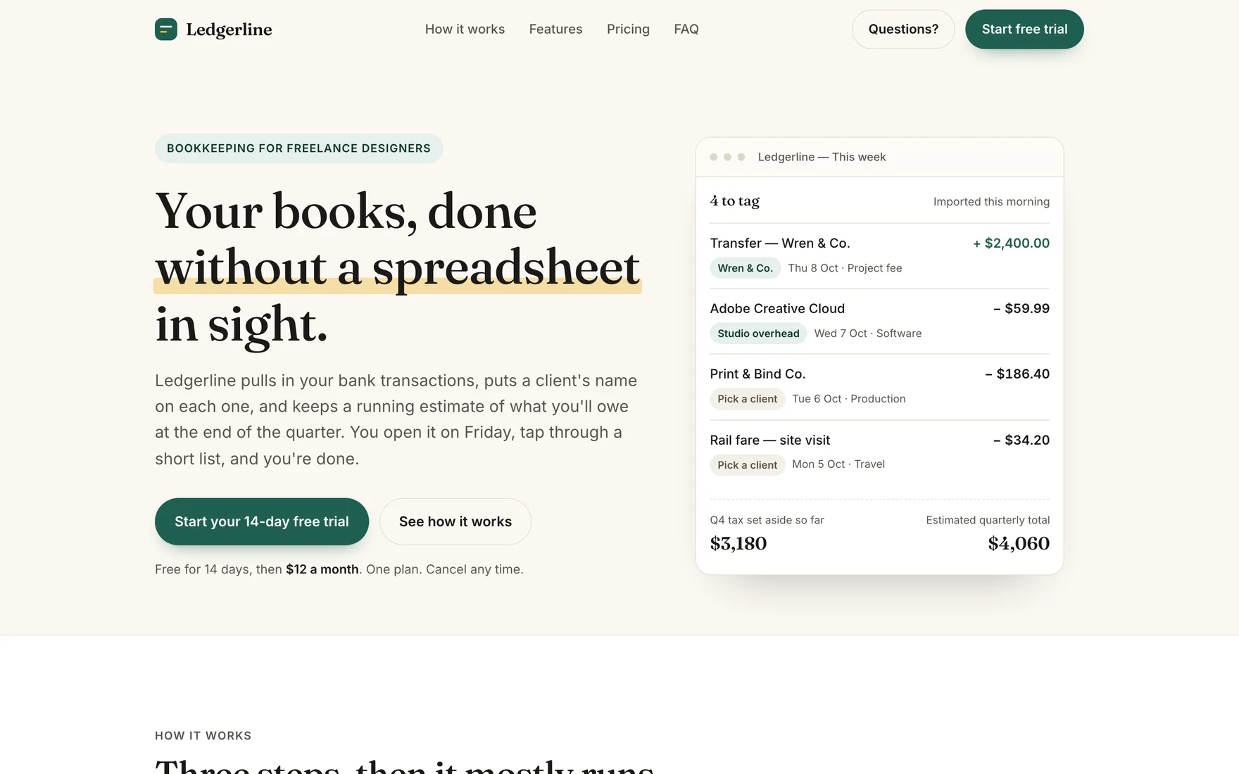 The baseline run's hero at 1440 px: cream page, serif headline with a highlighted phrase