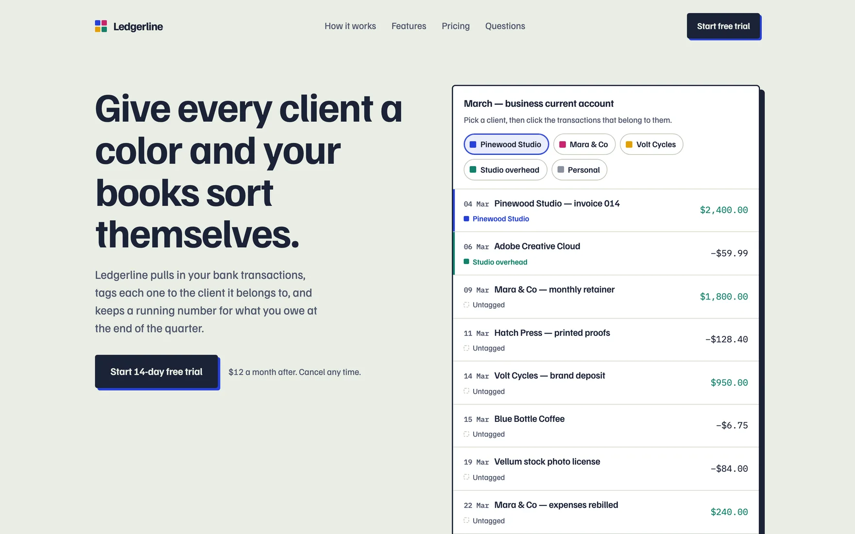 The frontend-design run's hero at 1440 px: a navy grotesk headline, "Give every client a color and your books sort themselves", beside a sample bank feed where each transaction is tagged with a client colour swatch