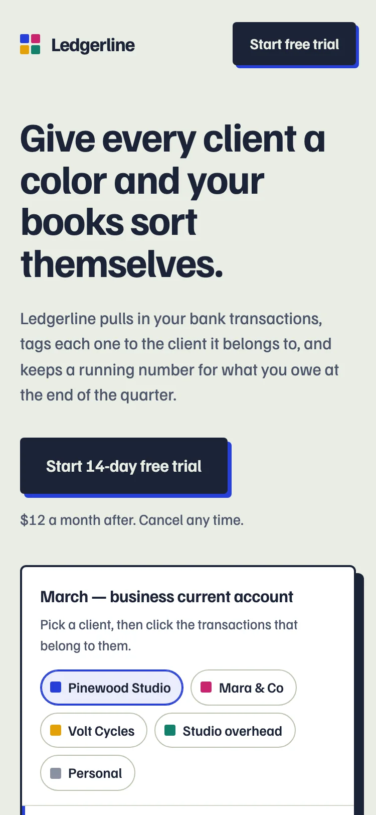 The frontend-design page at 375 px: the headline, a single trial button and the start of the tagging demo stacked in one column