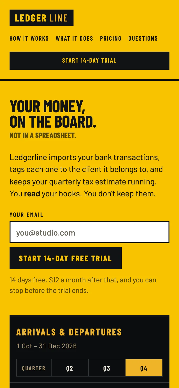 The Impeccable page at 375 px: logo, the four nav links in one row, a full-width trial button, then the headline and email form