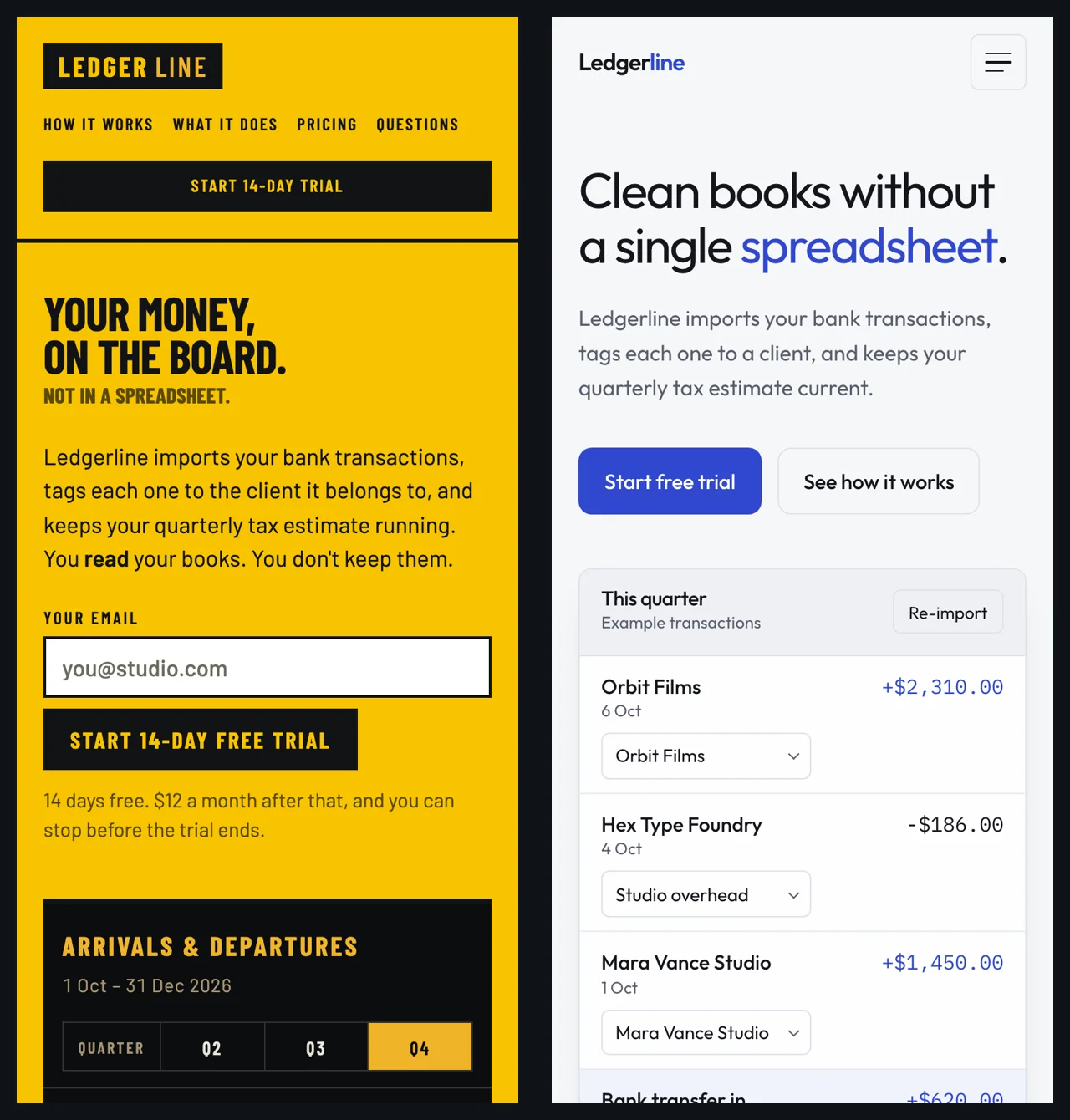 Impeccable's page at 375 px on the left and Taste Skill's on the right: both stack the headline above the trial form with no horizontal scroll