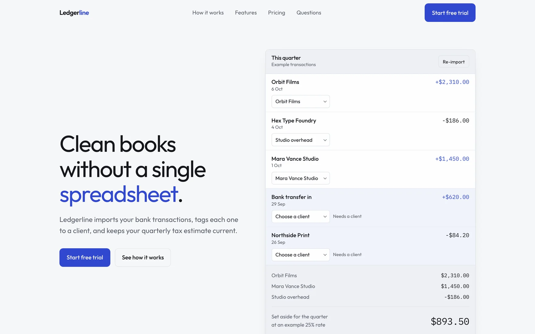 The Taste Skill run's hero at 1440 px: a large light grotesk headline, "Clean books without a single spreadsheet", with "spreadsheet" in blue, beside a panel of example transactions with a client dropdown on each