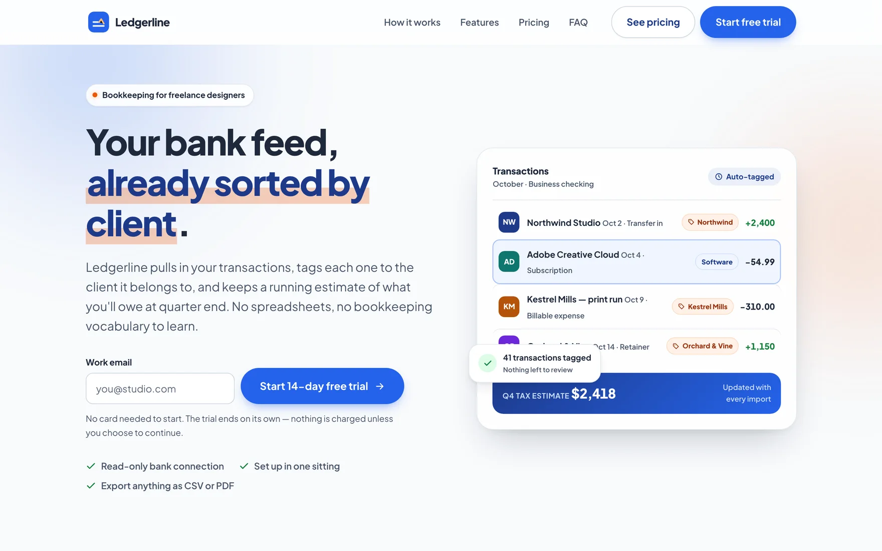 The UI UX Pro Max run's hero at 1440 px: "Your bank feed, already sorted by client." in navy with a peach highlight, an email field and blue trial button, and a frosted card of client-tagged transactions with a Q4 tax estimate