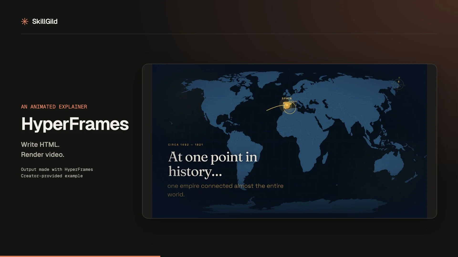 The HyperFrames chapter of this page's Brag film, showing its real animated map output