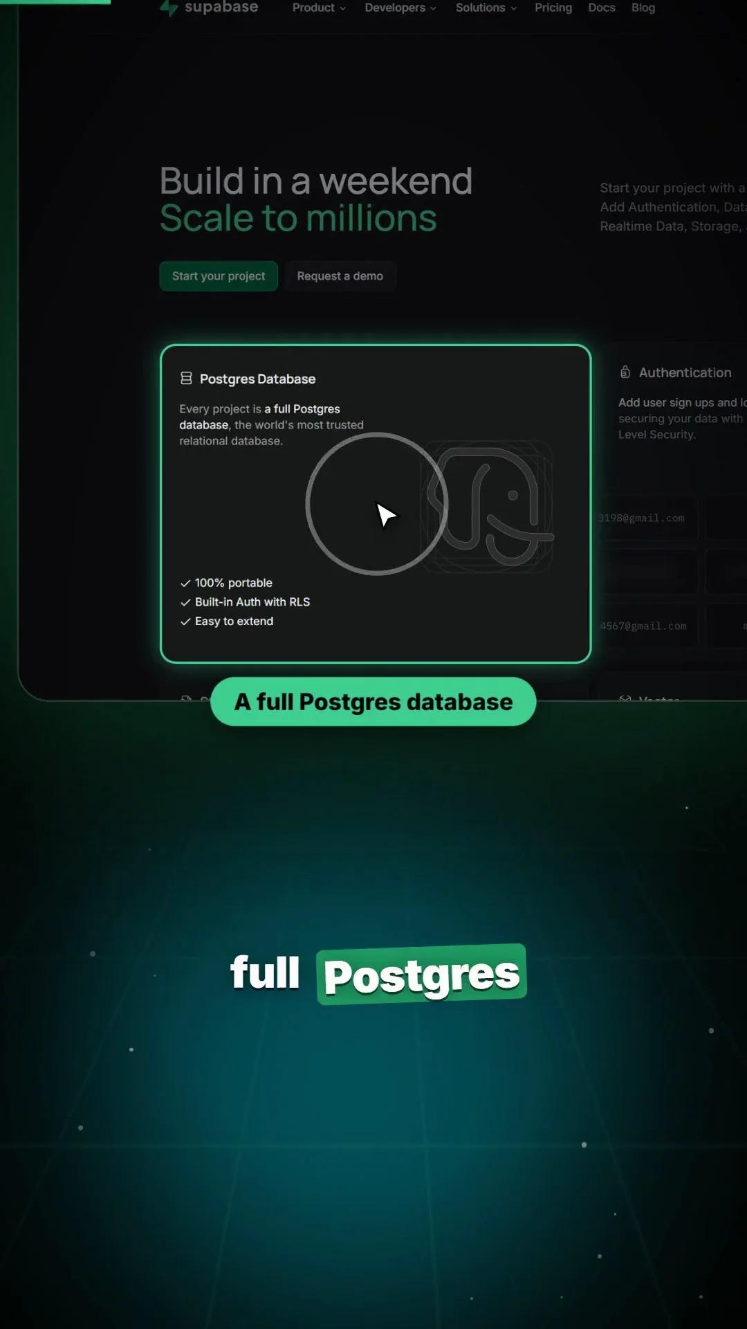 3D device fly-in with camera dolly-zoom and callout focus onto Postgres database, Auth, and Edge Functions