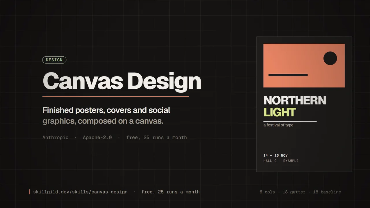A blank canvas gains its column grid, baselines and bounding boxes one at a time, then type and colour land in them and the guides fade to leave a finished poster; the grid is then measured, a type scale and palette are set out, and three different artefacts are shown