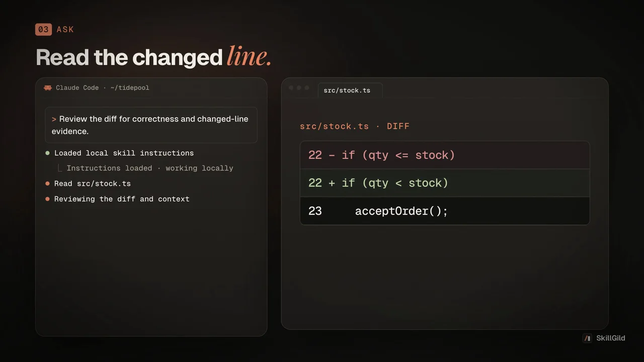 Code Review demo: reviews diffs for grounded findings with code locations.