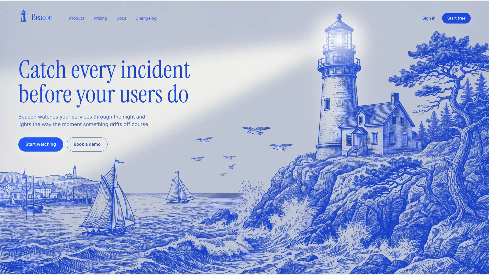 Incident monitoring hero: bespoke blue engraving illustration of a coastal lighthouse with serif headline in matching ink
