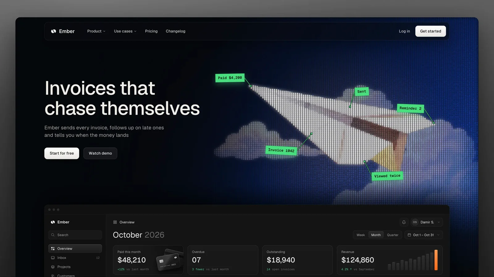 Finished invoicing hero: bespoke paper plane visual composed of currency numbers and notes with grounded product preview