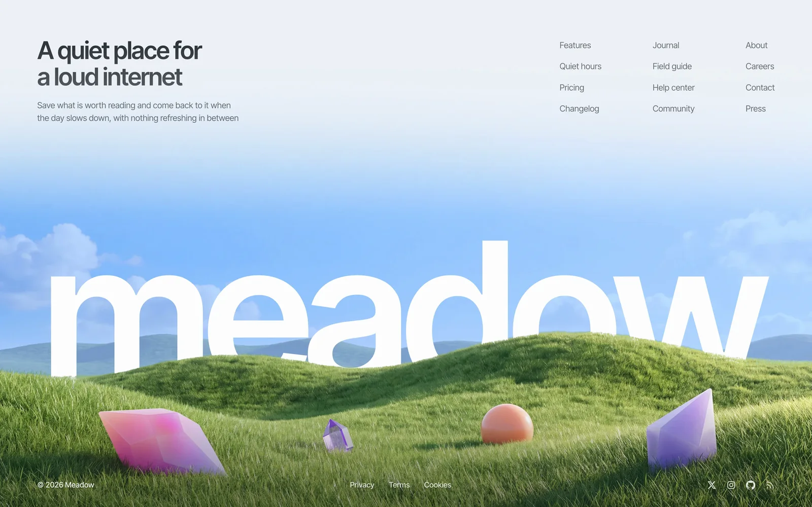 Soft 3D landscape footer: matte geometric crystals and oversized brand wordmark embedded seamlessly into the hills