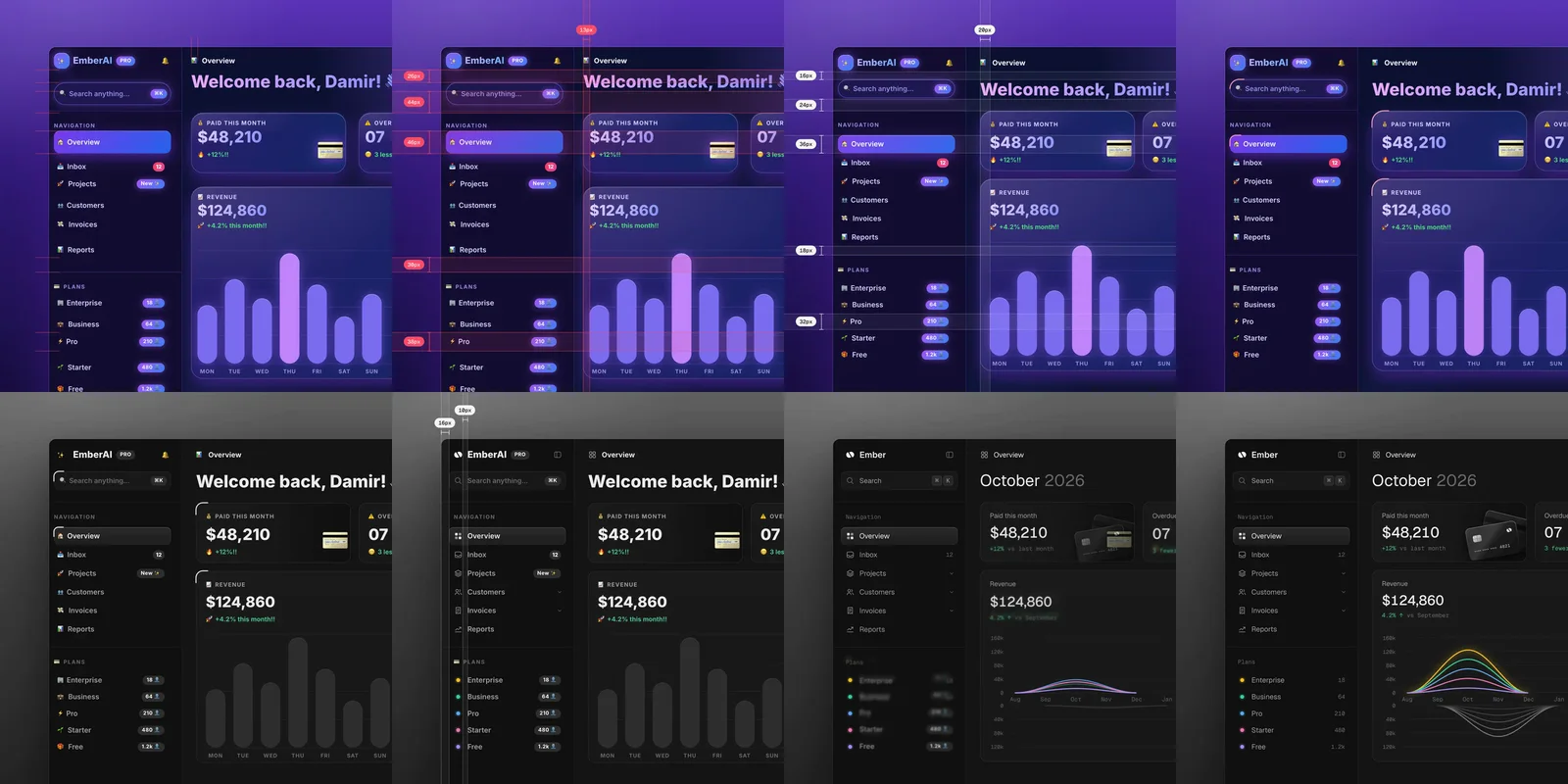 Story video transformation sequence: step-by-step UI refactor with real-time CSS morphing and live redline measurement overlays