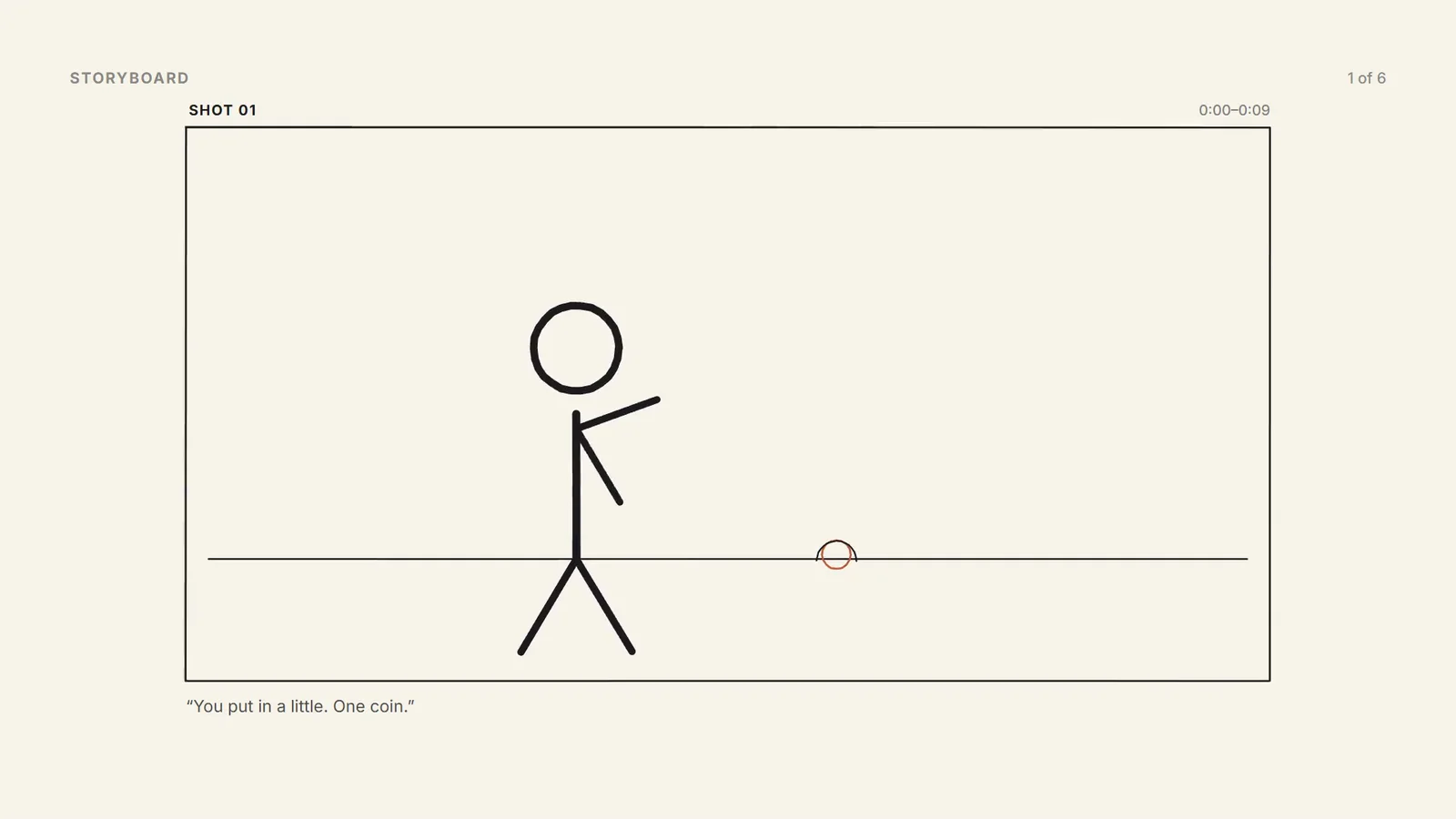 Shot 01 panel: a stick figure kneeling to bury a single coin on a ground line, timecoded 0:00 to 0:09 with its narration line beneath
