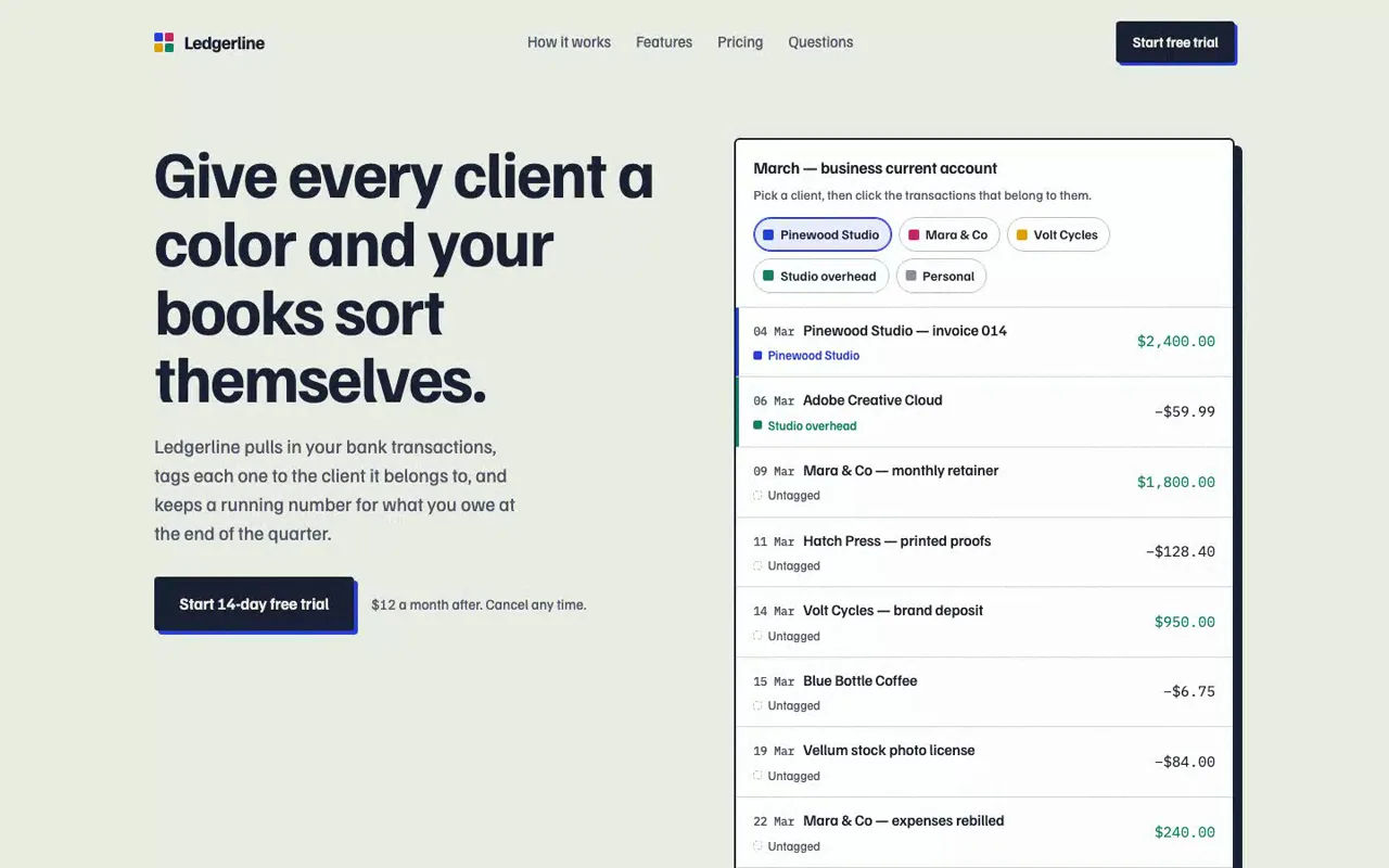 A landing page Claude Code built with the frontend-design skill from a test brief for Ledgerline, a fictional bookkeeping app, scrolled top to bottom