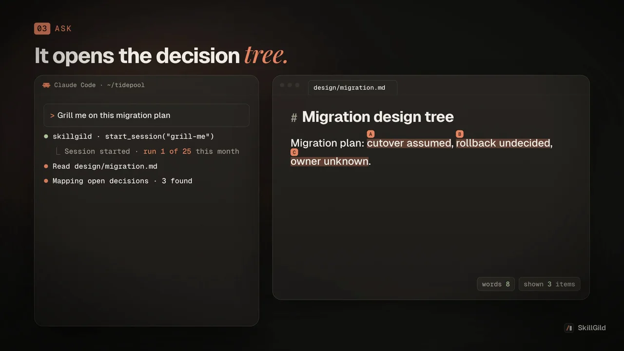 Grill Me demo: map migration decisions, ask frontier questions, attach recommendations and confirm user answers