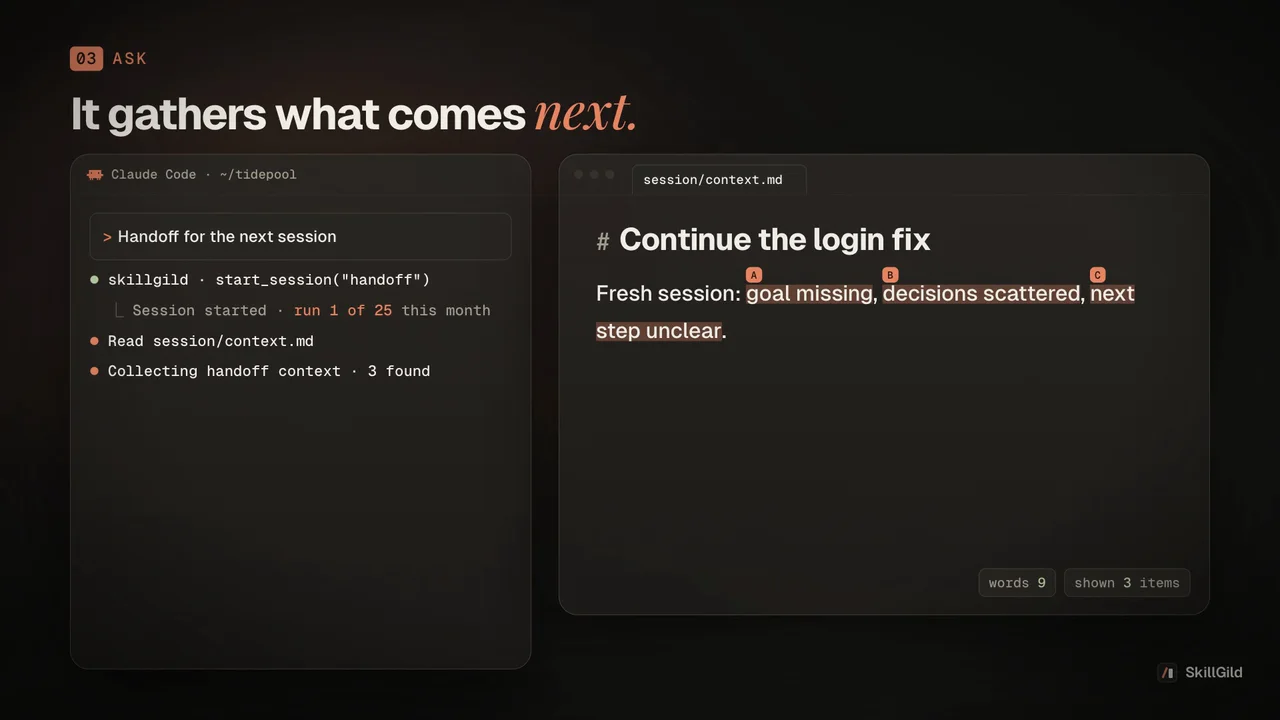 Handoff demo: capture context, reference artifacts, include suggested skills, redact sensitive information and save a continuation document