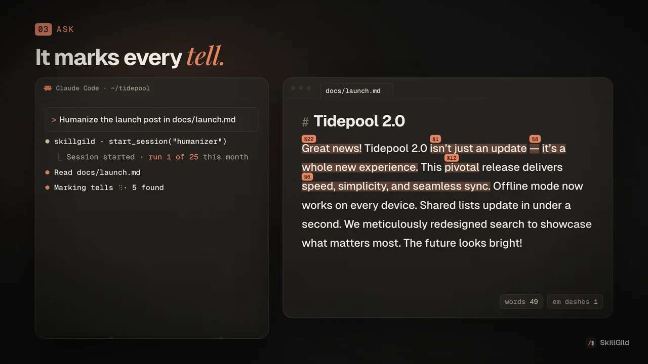Humanizer demo: install it from SkillGild, ask your agent to humanize a launch post, watch it mark 8 AI writing tells and rewrite the post from 49 to 23 words with every fact kept