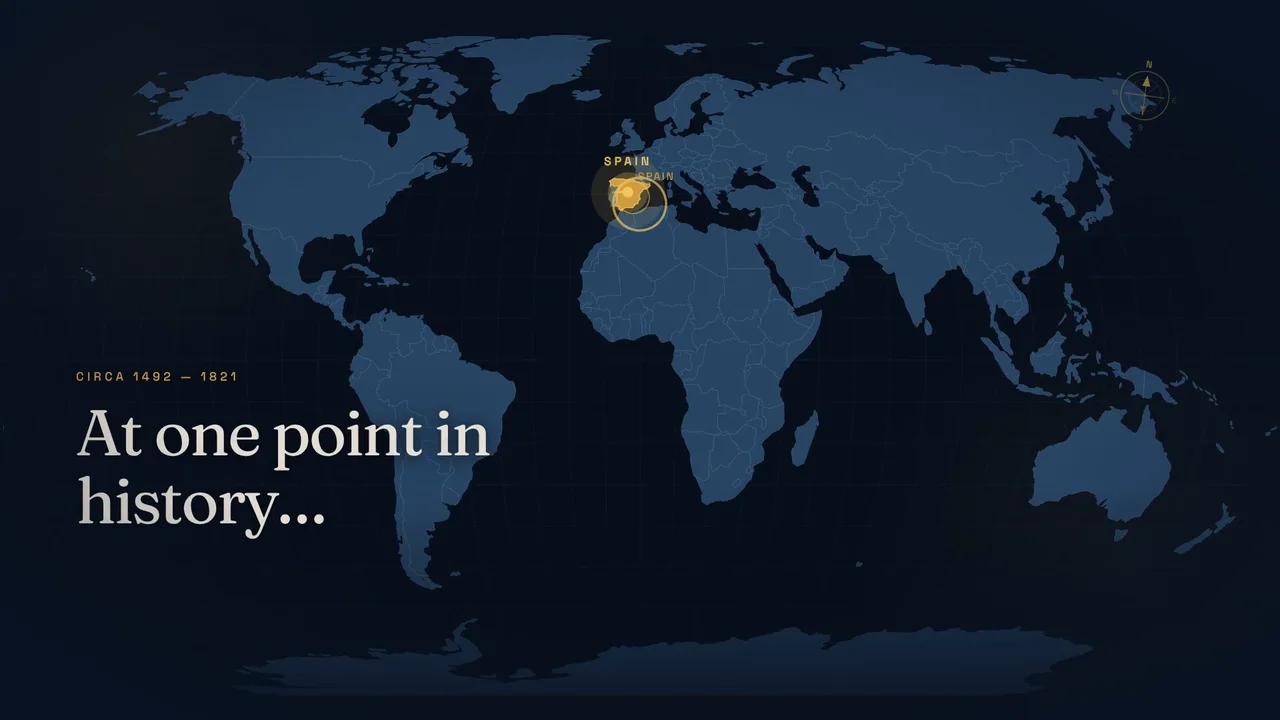 Animated map explainer rendered with HyperFrames: a route traced from Spain across the Atlantic