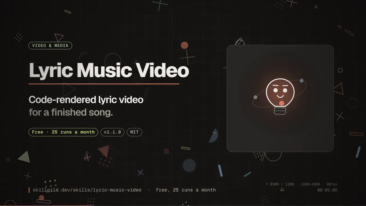 A film about the Lyric Music Video skill, made as a lyric video itself: EVERY, SUNG, WORD and LANDS arrive one per beat, then ON ITS OWN SYLLABLE, over dense geometric motion graphics with a recurring bulb character, a nine-frame contact sheet, and the closing line NO VIDEO MODEL