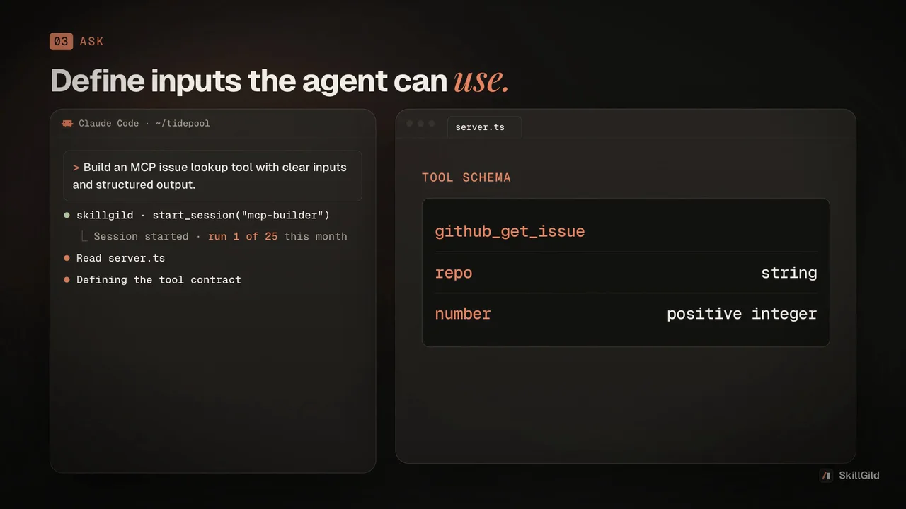 MCP Builder demo: builds agent tools with clear inputs and structured outputs.