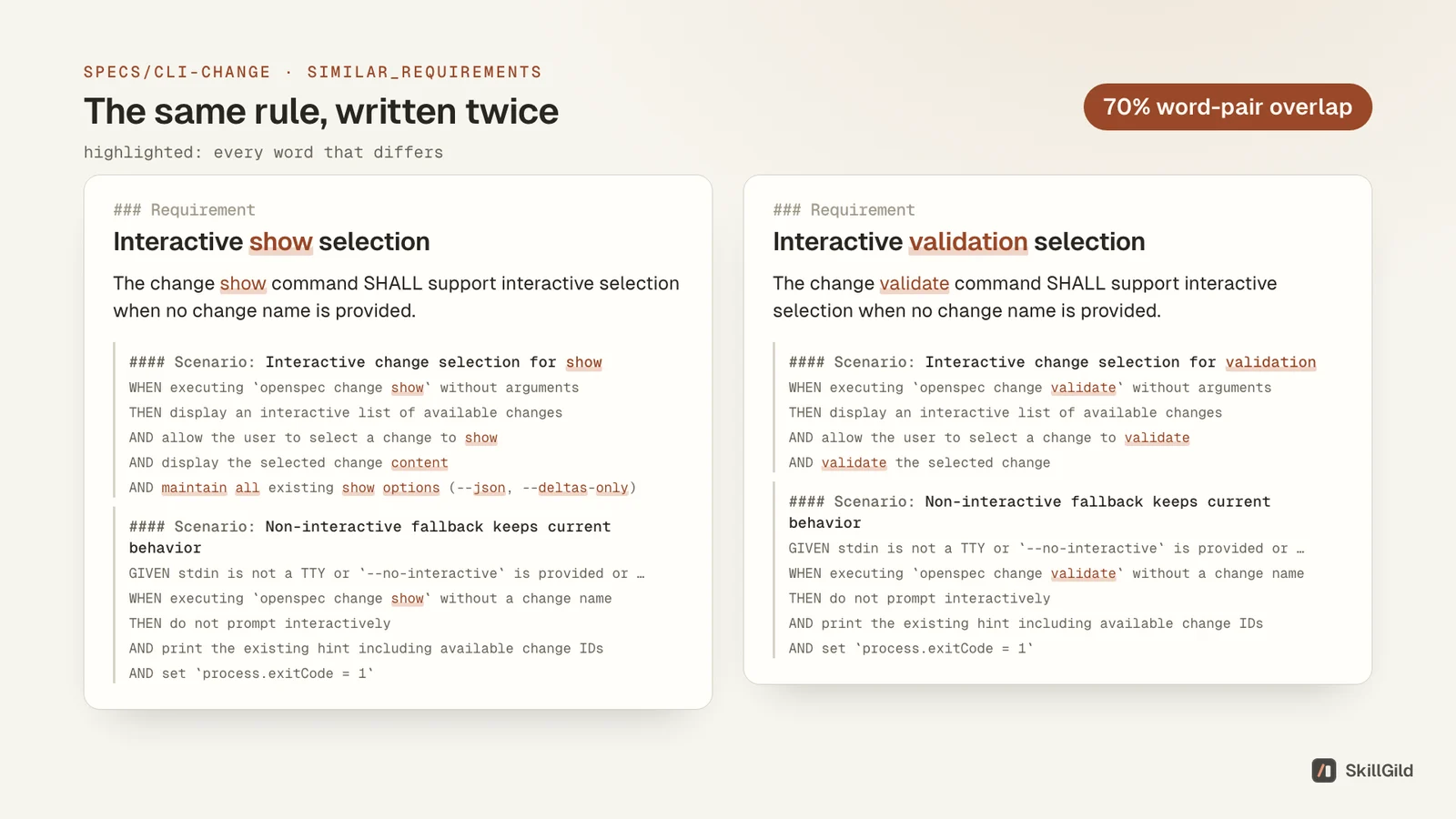 Interactive show selection and Interactive validation selection side by side, with only the words that differ highlighted