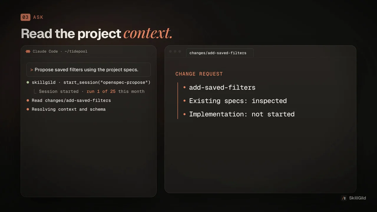 OpenSpec Propose demo: turns a feature request into grounded planning artifacts.