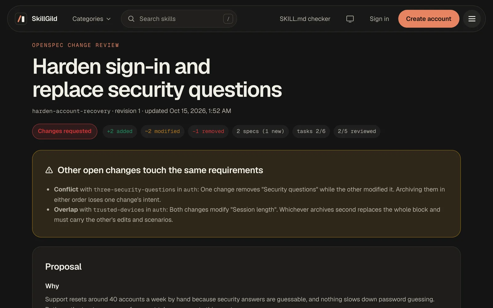 The review page for an invented change, Harden sign-in and replace security questions: Changes requested, +2 added, ~2 modified, -1 removed, 2/5 reviewed, and a panel naming a conflict and an overlap with two other open changes