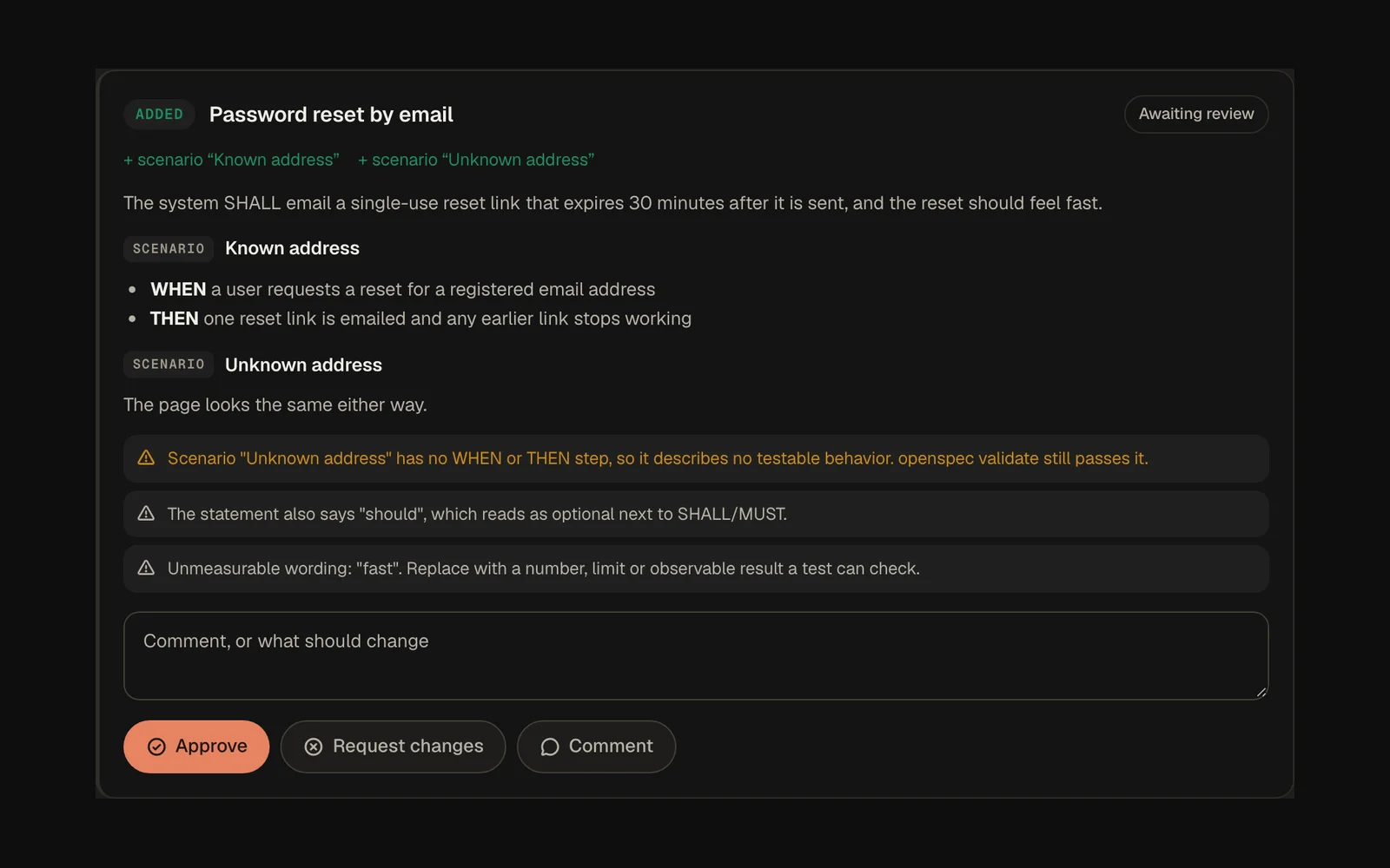 The added requirement Password reset by email with three checks: a scenario with no WHEN or THEN step, "should" next to SHALL, and the unmeasurable word "fast"