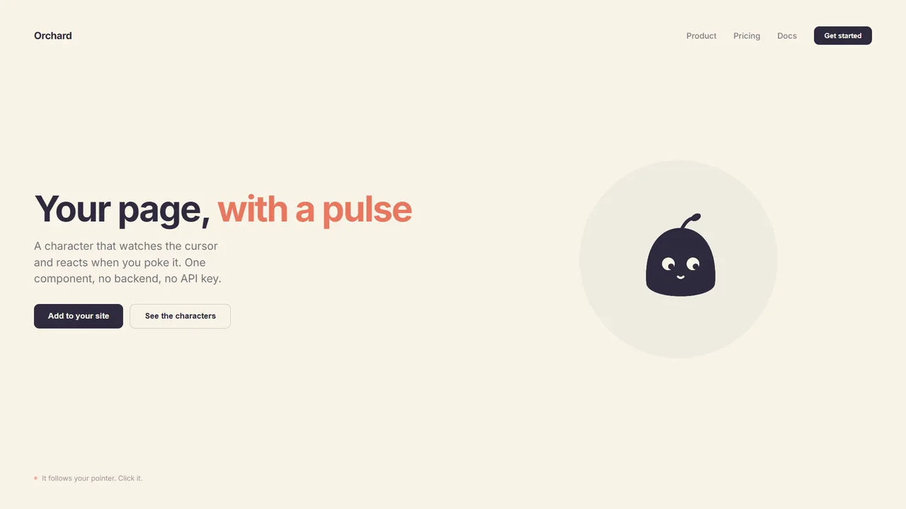 A character on a product page turning its head to follow the pointer around the screen, and breaking into a grin when it is clicked
